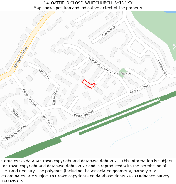 14, OATFIELD CLOSE, WHITCHURCH, SY13 1XX: Location map and indicative extent of plot