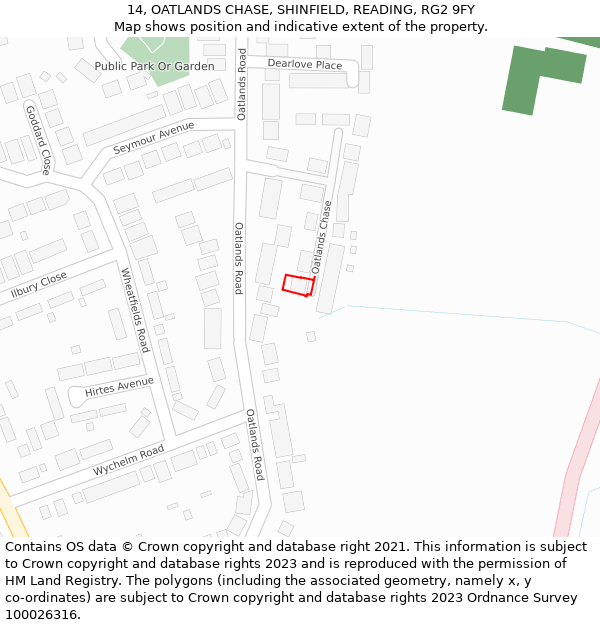 14, OATLANDS CHASE, SHINFIELD, READING, RG2 9FY: Location map and indicative extent of plot