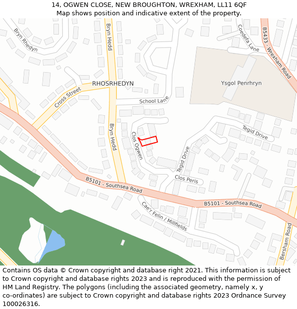 14, OGWEN CLOSE, NEW BROUGHTON, WREXHAM, LL11 6QF: Location map and indicative extent of plot