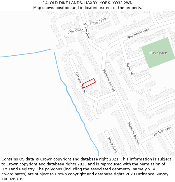 14, OLD DIKE LANDS, HAXBY, YORK, YO32 2WN: Location map and indicative extent of plot