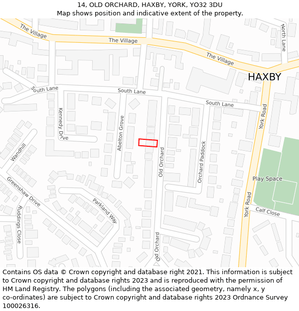 14, OLD ORCHARD, HAXBY, YORK, YO32 3DU: Location map and indicative extent of plot