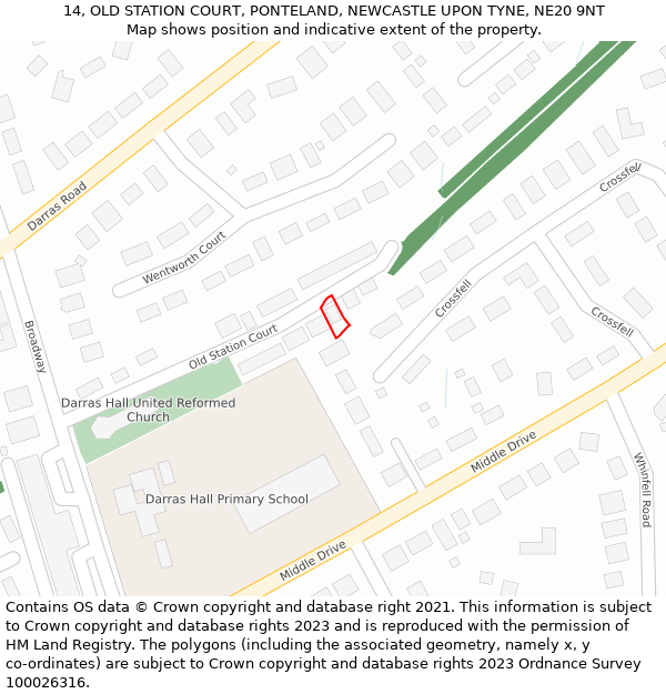 14, OLD STATION COURT, PONTELAND, NEWCASTLE UPON TYNE, NE20 9NT: Location map and indicative extent of plot