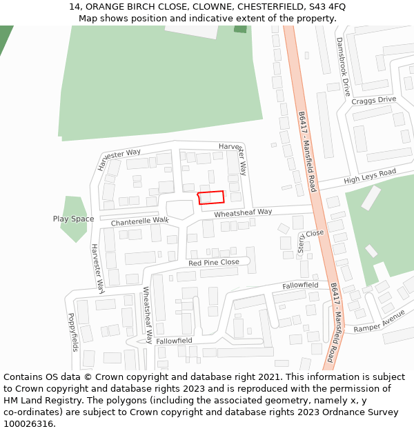 14, ORANGE BIRCH CLOSE, CLOWNE, CHESTERFIELD, S43 4FQ: Location map and indicative extent of plot