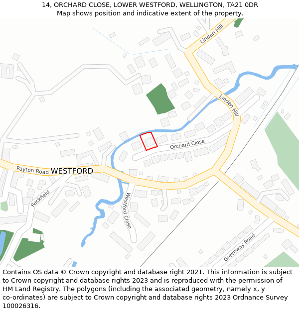 14, ORCHARD CLOSE, LOWER WESTFORD, WELLINGTON, TA21 0DR: Location map and indicative extent of plot