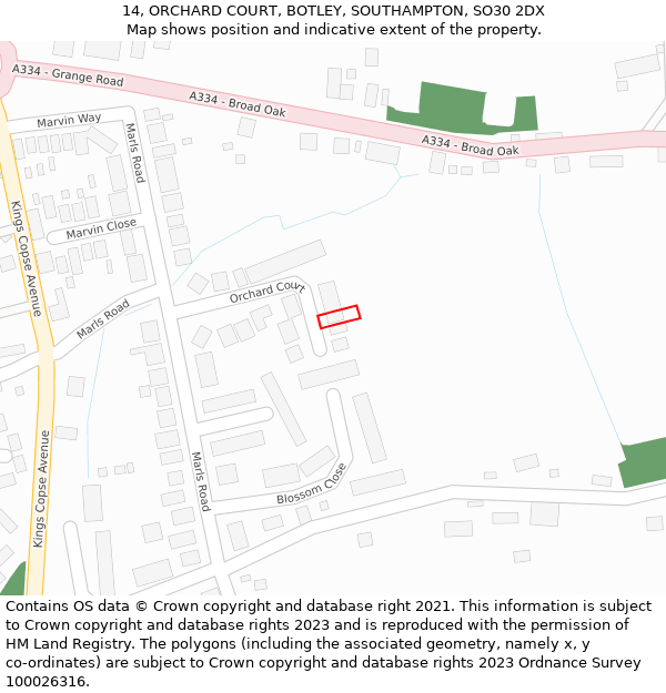 14, ORCHARD COURT, BOTLEY, SOUTHAMPTON, SO30 2DX: Location map and indicative extent of plot