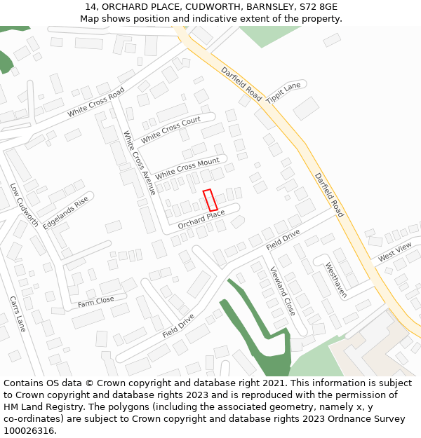 14, ORCHARD PLACE, CUDWORTH, BARNSLEY, S72 8GE: Location map and indicative extent of plot