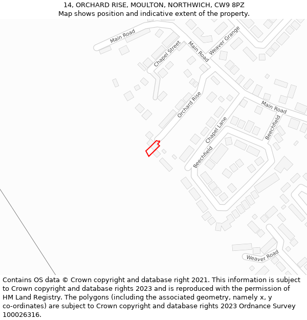 14, ORCHARD RISE, MOULTON, NORTHWICH, CW9 8PZ: Location map and indicative extent of plot