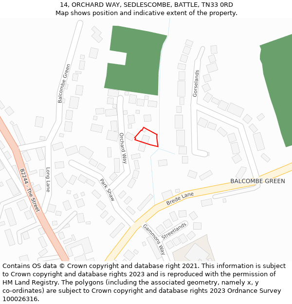 14, ORCHARD WAY, SEDLESCOMBE, BATTLE, TN33 0RD: Location map and indicative extent of plot