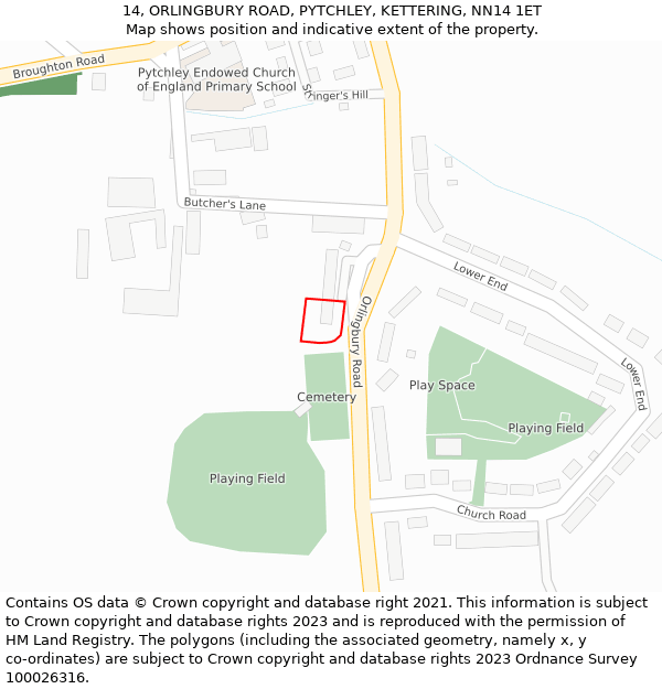 14, ORLINGBURY ROAD, PYTCHLEY, KETTERING, NN14 1ET: Location map and indicative extent of plot