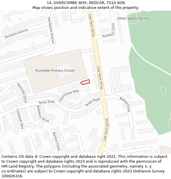 14, OVERCOMBE WAY, REDCAR, TS10 4GN: Location map and indicative extent of plot