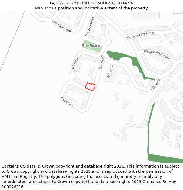 14, OWL CLOSE, BILLINGSHURST, RH14 9XJ: Location map and indicative extent of plot