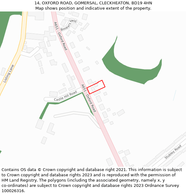 14, OXFORD ROAD, GOMERSAL, CLECKHEATON, BD19 4HN: Location map and indicative extent of plot