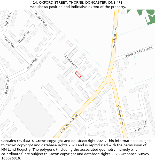 14, OXFORD STREET, THORNE, DONCASTER, DN8 4FB: Location map and indicative extent of plot