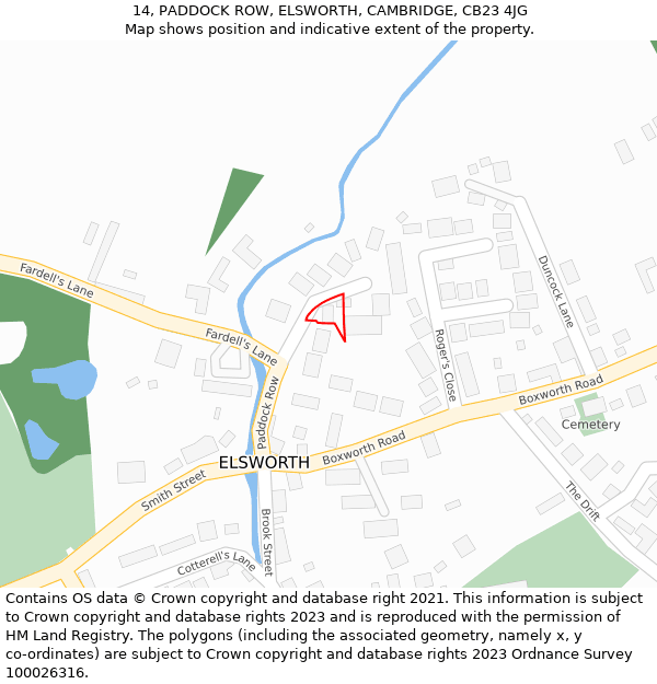 14, PADDOCK ROW, ELSWORTH, CAMBRIDGE, CB23 4JG: Location map and indicative extent of plot