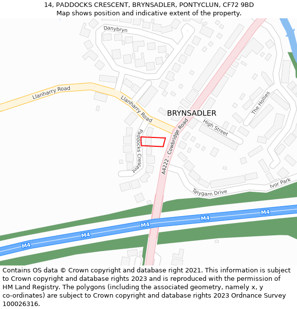 14, PADDOCKS CRESCENT, BRYNSADLER, PONTYCLUN, CF72 9BD: Location map and indicative extent of plot