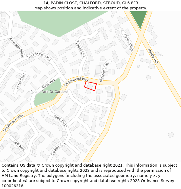 14, PADIN CLOSE, CHALFORD, STROUD, GL6 8FB: Location map and indicative extent of plot