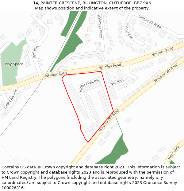 14, PAINTER CRESCENT, BILLINGTON, CLITHEROE, BB7 9XN: Location map and indicative extent of plot