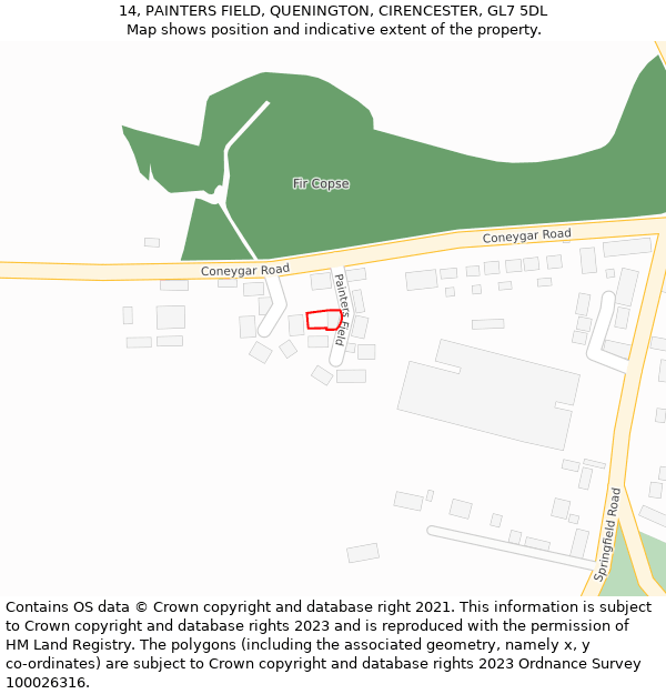 14, PAINTERS FIELD, QUENINGTON, CIRENCESTER, GL7 5DL: Location map and indicative extent of plot