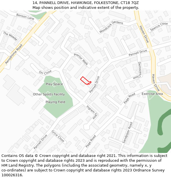 14, PANNELL DRIVE, HAWKINGE, FOLKESTONE, CT18 7QZ: Location map and indicative extent of plot