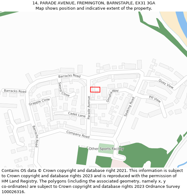 14, PARADE AVENUE, FREMINGTON, BARNSTAPLE, EX31 3GA: Location map and indicative extent of plot