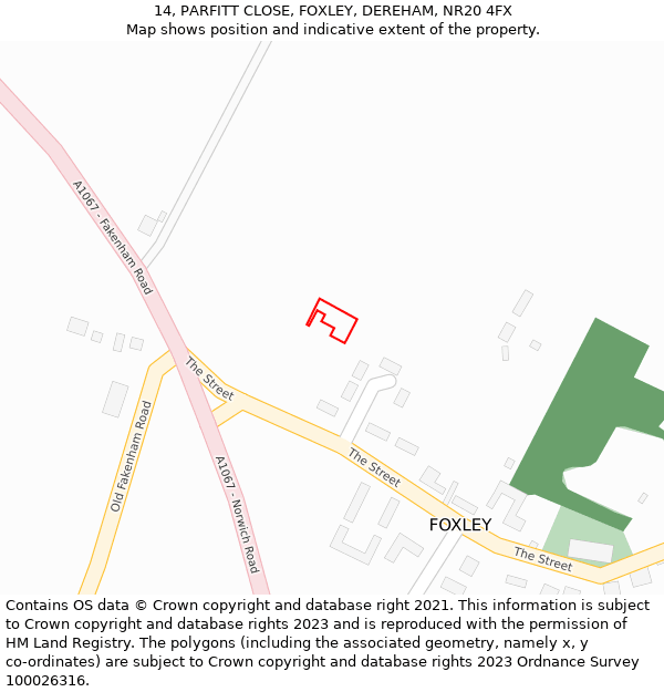 14, PARFITT CLOSE, FOXLEY, DEREHAM, NR20 4FX: Location map and indicative extent of plot