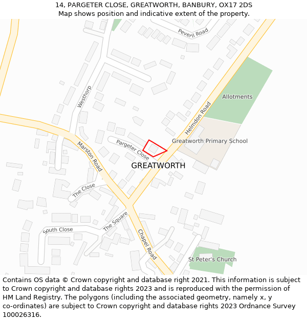 14, PARGETER CLOSE, GREATWORTH, BANBURY, OX17 2DS: Location map and indicative extent of plot