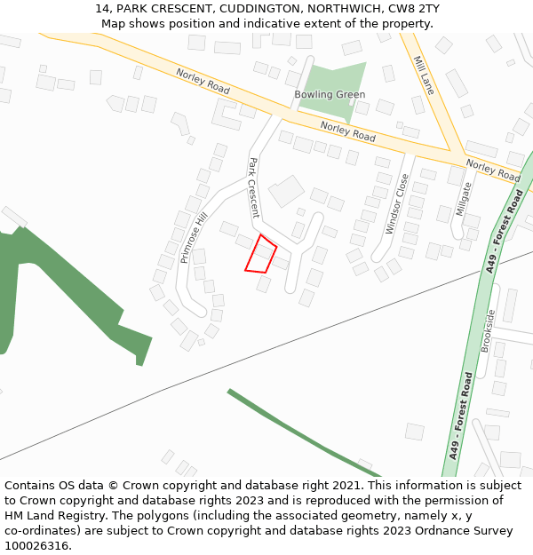14, PARK CRESCENT, CUDDINGTON, NORTHWICH, CW8 2TY: Location map and indicative extent of plot