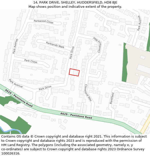 14, PARK DRIVE, SHELLEY, HUDDERSFIELD, HD8 8JE: Location map and indicative extent of plot