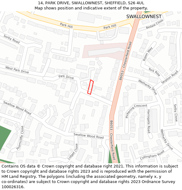 14, PARK DRIVE, SWALLOWNEST, SHEFFIELD, S26 4UL: Location map and indicative extent of plot