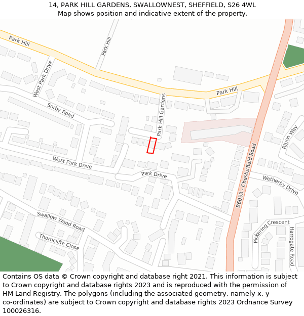 14, PARK HILL GARDENS, SWALLOWNEST, SHEFFIELD, S26 4WL: Location map and indicative extent of plot