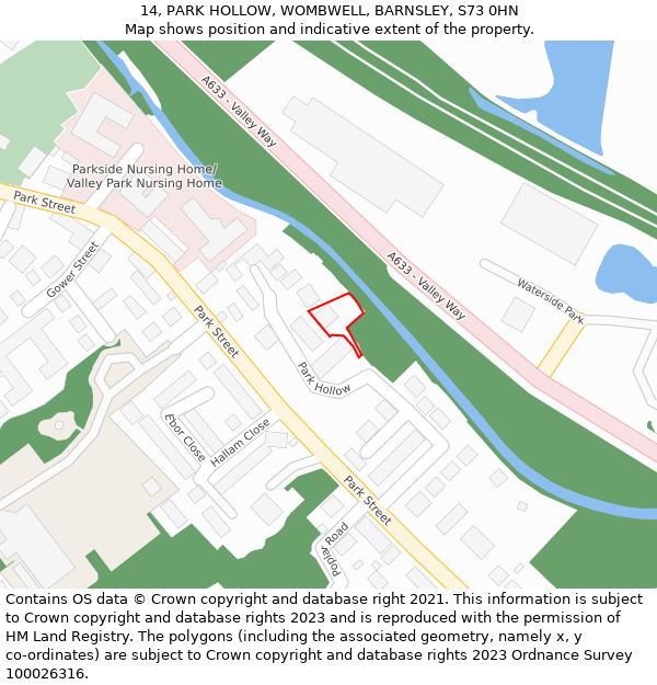 14, PARK HOLLOW, WOMBWELL, BARNSLEY, S73 0HN: Location map and indicative extent of plot