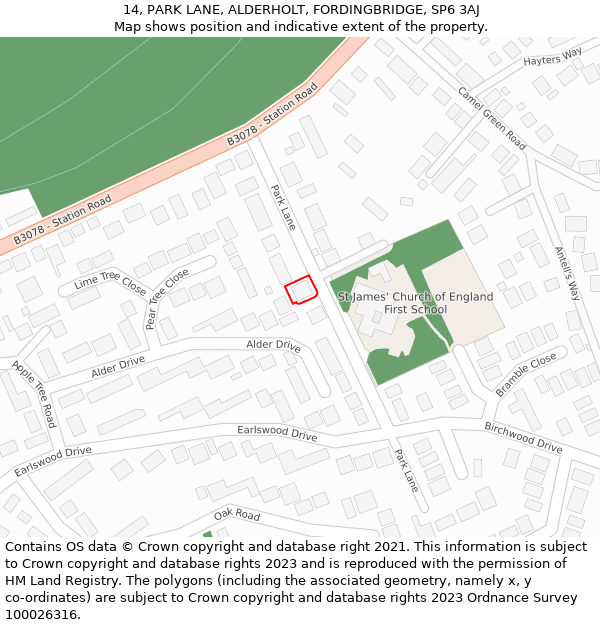 14, PARK LANE, ALDERHOLT, FORDINGBRIDGE, SP6 3AJ: Location map and indicative extent of plot
