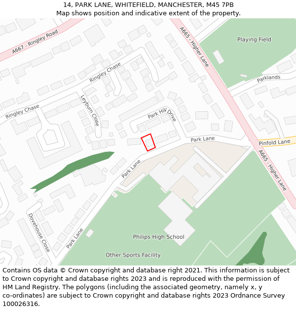 14, PARK LANE, WHITEFIELD, MANCHESTER, M45 7PB: Location map and indicative extent of plot