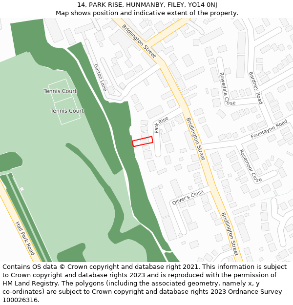 14, PARK RISE, HUNMANBY, FILEY, YO14 0NJ: Location map and indicative extent of plot