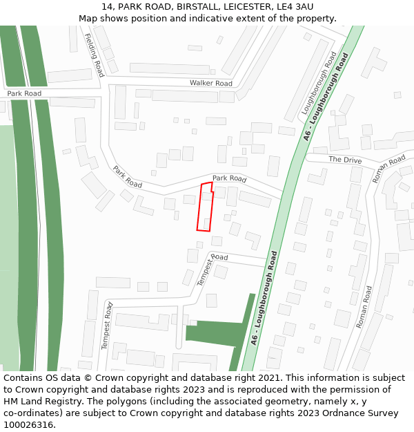 14, PARK ROAD, BIRSTALL, LEICESTER, LE4 3AU: Location map and indicative extent of plot