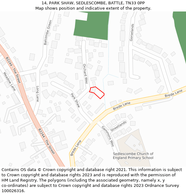 14, PARK SHAW, SEDLESCOMBE, BATTLE, TN33 0PP: Location map and indicative extent of plot