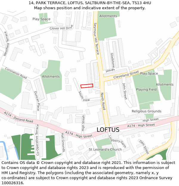 14, PARK TERRACE, LOFTUS, SALTBURN-BY-THE-SEA, TS13 4HU: Location map and indicative extent of plot