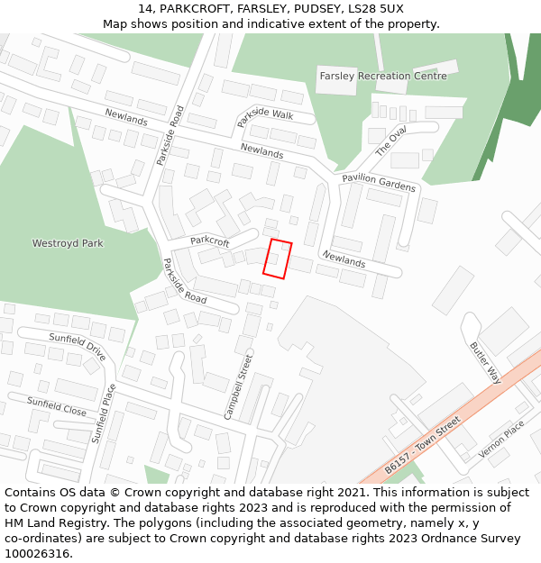 14, PARKCROFT, FARSLEY, PUDSEY, LS28 5UX: Location map and indicative extent of plot