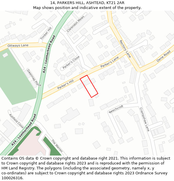 14, PARKERS HILL, ASHTEAD, KT21 2AR: Location map and indicative extent of plot