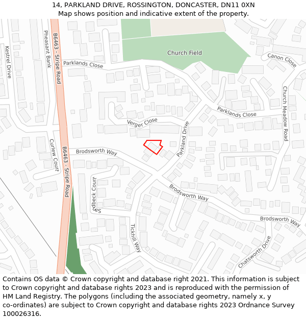 14, PARKLAND DRIVE, ROSSINGTON, DONCASTER, DN11 0XN: Location map and indicative extent of plot