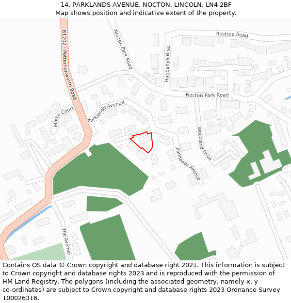 14, PARKLANDS AVENUE, NOCTON, LINCOLN, LN4 2BF: Location map and indicative extent of plot