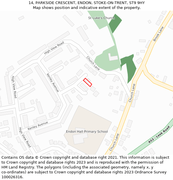 14, PARKSIDE CRESCENT, ENDON, STOKE-ON-TRENT, ST9 9HY: Location map and indicative extent of plot