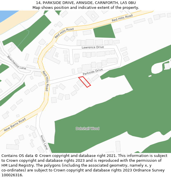 14, PARKSIDE DRIVE, ARNSIDE, CARNFORTH, LA5 0BU: Location map and indicative extent of plot