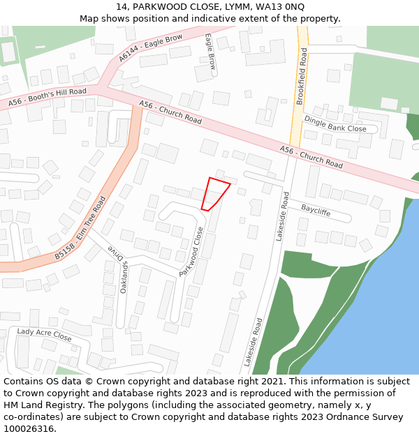 14, PARKWOOD CLOSE, LYMM, WA13 0NQ: Location map and indicative extent of plot