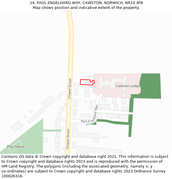 14, PAUL ENGELHARD WAY, CAWSTON, NORWICH, NR10 4FB: Location map and indicative extent of plot