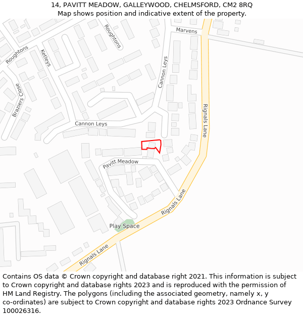 14, PAVITT MEADOW, GALLEYWOOD, CHELMSFORD, CM2 8RQ: Location map and indicative extent of plot