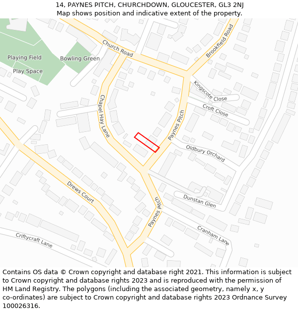 14, PAYNES PITCH, CHURCHDOWN, GLOUCESTER, GL3 2NJ: Location map and indicative extent of plot