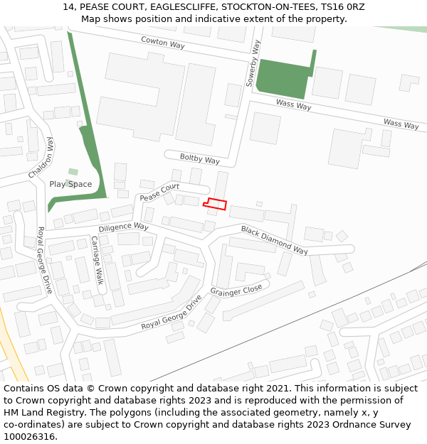 14, PEASE COURT, EAGLESCLIFFE, STOCKTON-ON-TEES, TS16 0RZ: Location map and indicative extent of plot