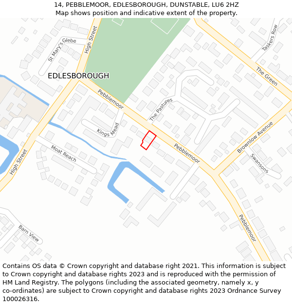 14, PEBBLEMOOR, EDLESBOROUGH, DUNSTABLE, LU6 2HZ: Location map and indicative extent of plot