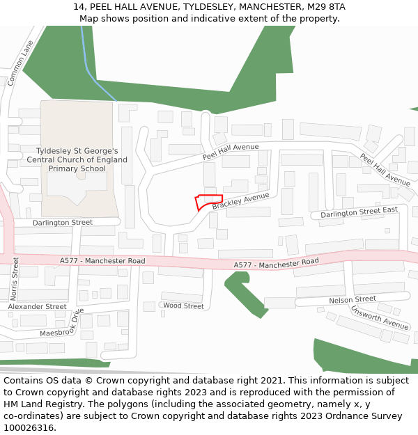 14, PEEL HALL AVENUE, TYLDESLEY, MANCHESTER, M29 8TA: Location map and indicative extent of plot